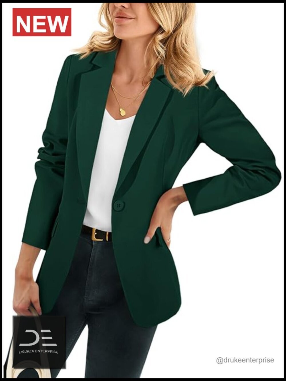Open Front Long Sleeve Blazer with Lapel Collar & Pockets